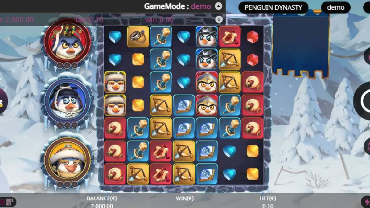 Isang makulay na eksena mula sa Penguin Dynasty slot na nagpapakita ng mga penguin warriors sa isang nagyeyelong palasyo.